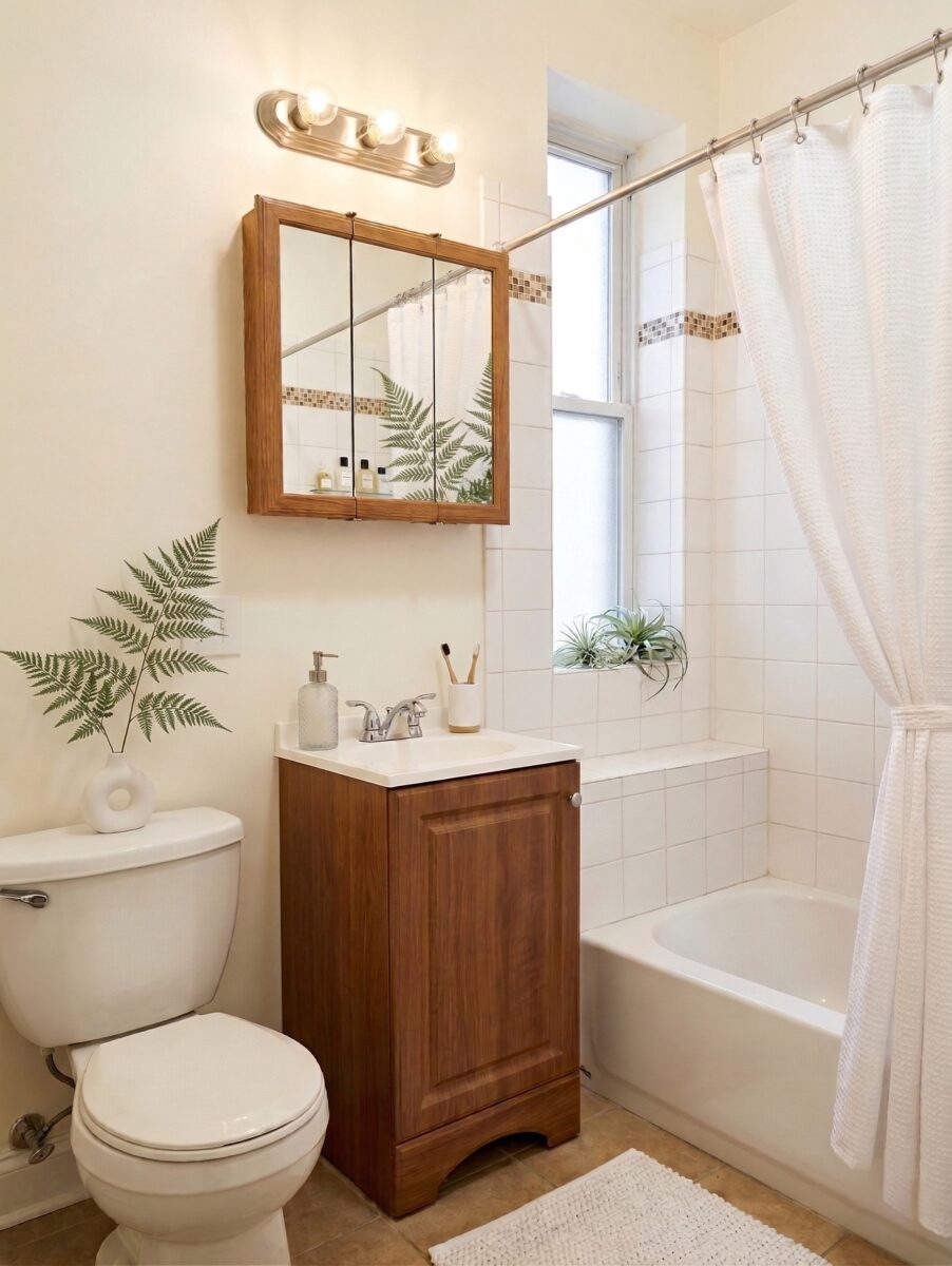 Bathroom with a white tiled shower, wood vanity, and a large three-panel mirrored medicine cabinet.