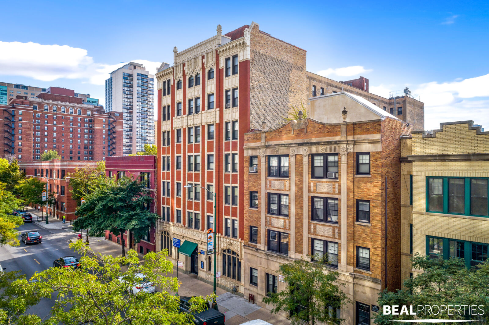 A six-story vintage brick apartment building at 505 West Belmont Avenue in Chicago’s Lakeview nei...