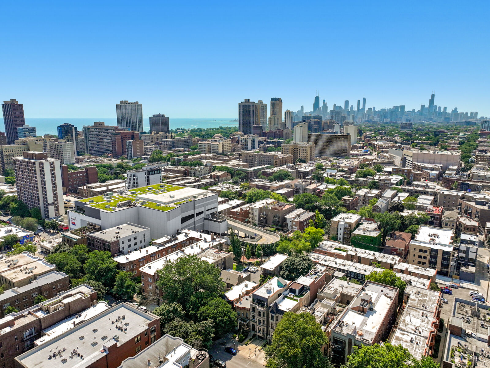 An aerial view looking east over Chicago’s Lakeview neighborhood from 635 West Barry Avenue, show...
